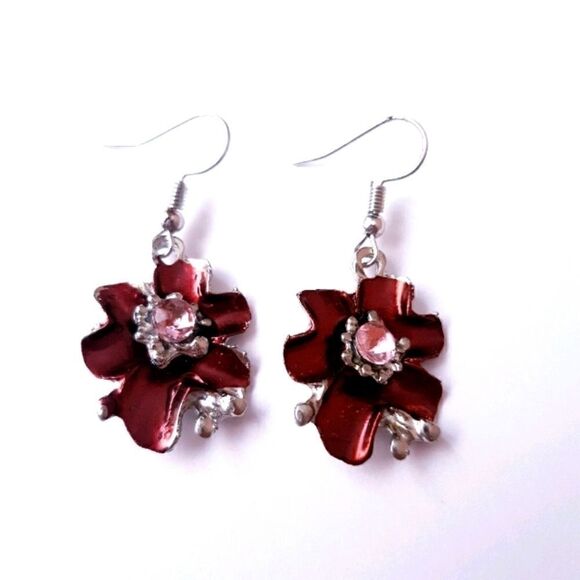 Flower Rhinestone Dangle Drop Hook Earrings - Picture 2 of 4
